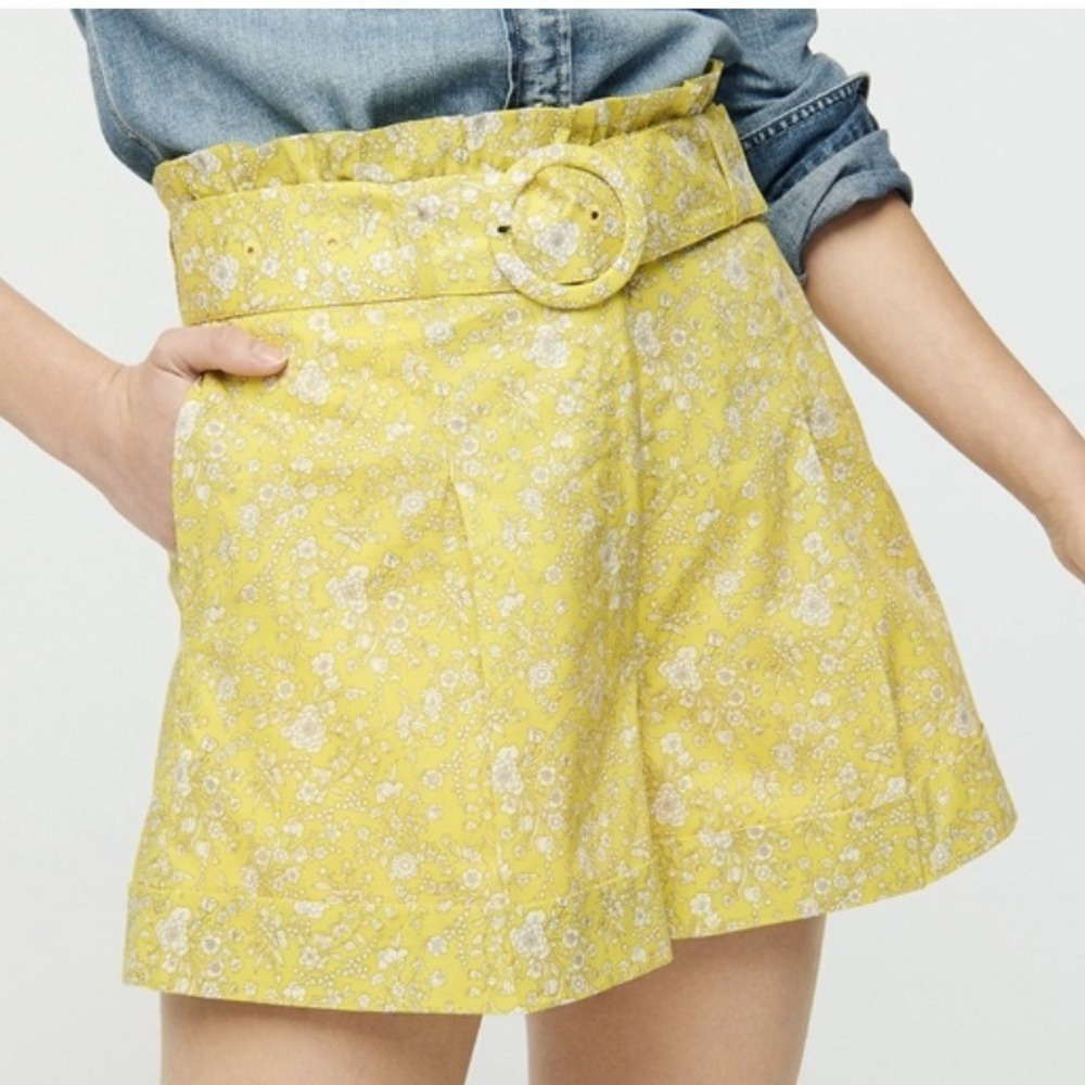 J.Crew Liberty London Yellow Floral Paperbag Shorts High Waist Belted Cotton 4